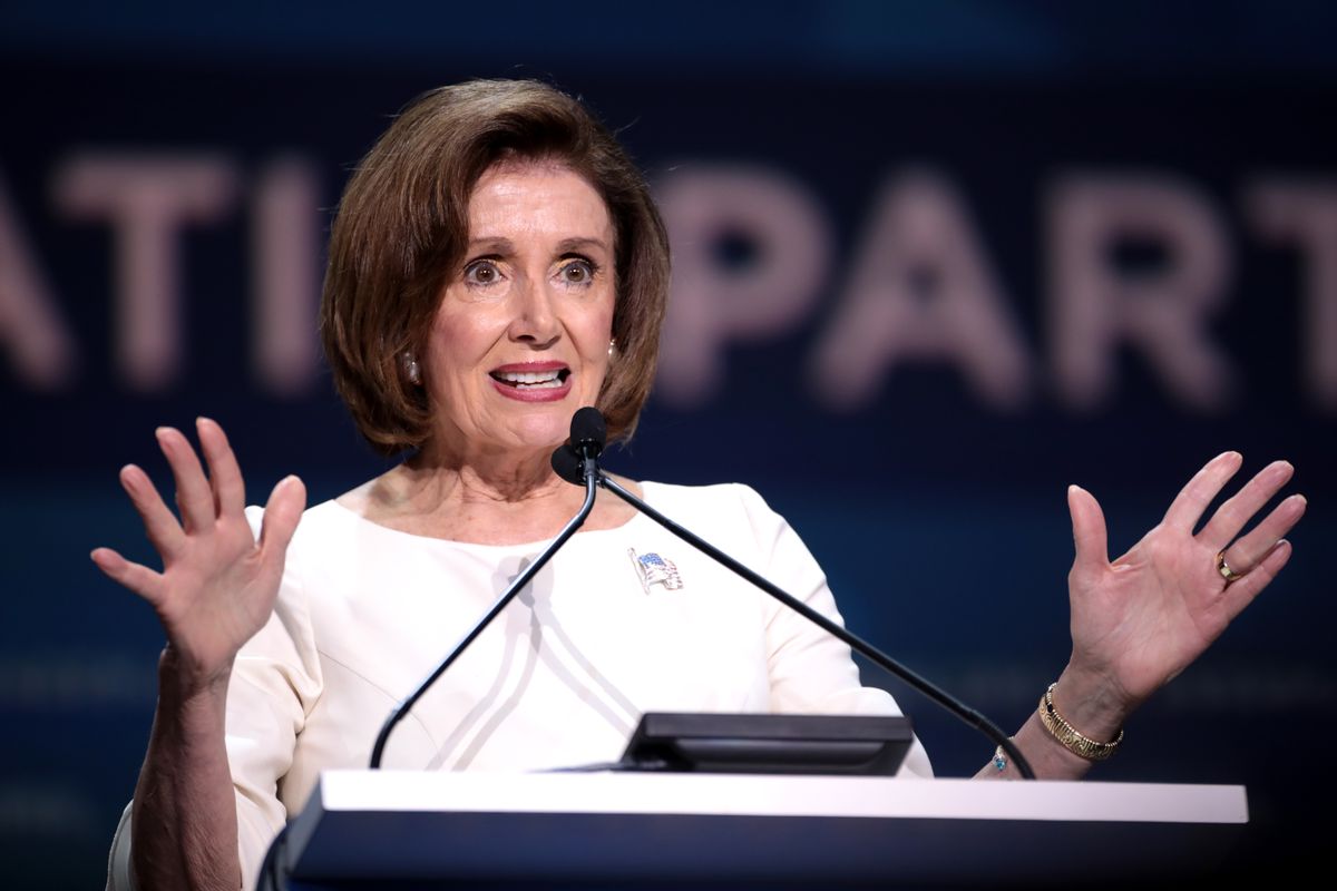 Speaker of the House Nancy Pelosi speaking with attendees at the 2019 California Democratic Party State Convention at the George R. Moscone Convention Center in San Francisco, California, by Gage Skidmore. (Flickr)