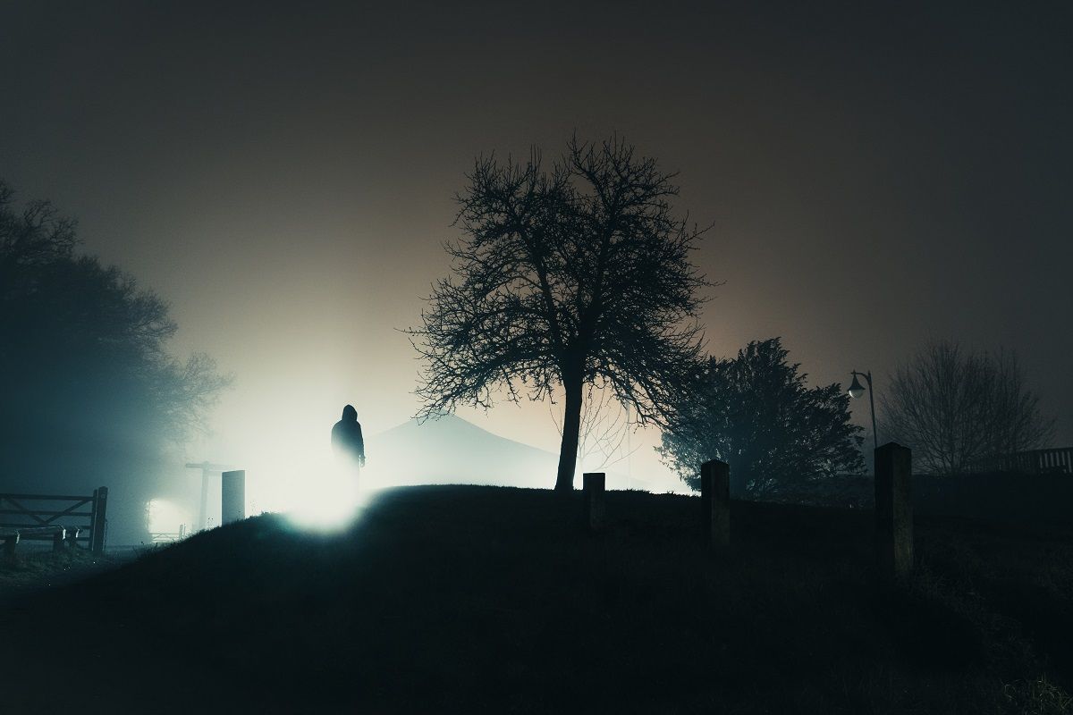 A hooded figure silhouetted against street lights next to a tree. On a mysterious misty, winters night (Getty Images / David Wall)