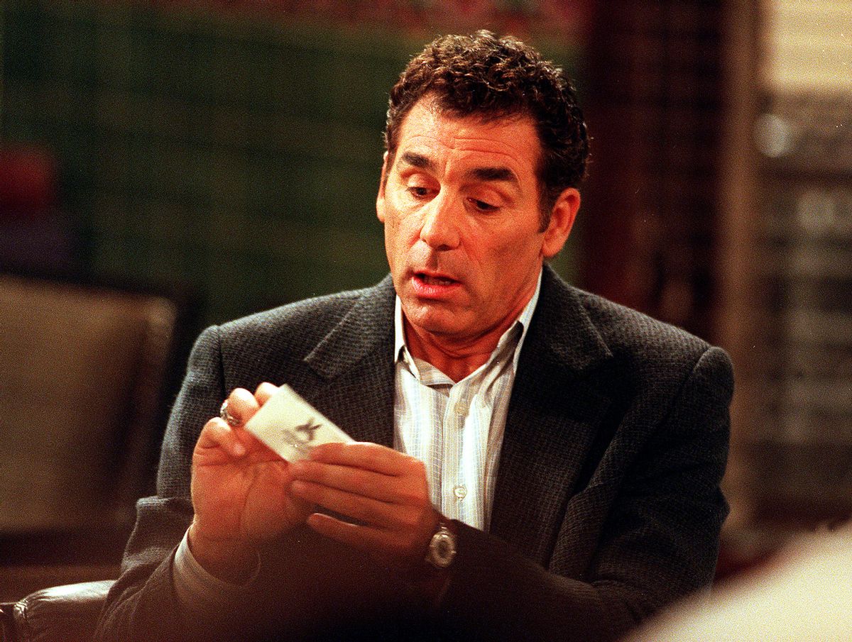 014512.CA.0822.Richards2.CK Michael Richards, ex Kramer of Seinfeld, is shooting the first episode of his series, The Michael Richards Show, in which he plays a bumbling private detective. Here he is with his business cards.  (Photo by Con Keyes/Los Angeles Times via Getty Images) (Con Keyes / Los Angeles Times via Getty Images)