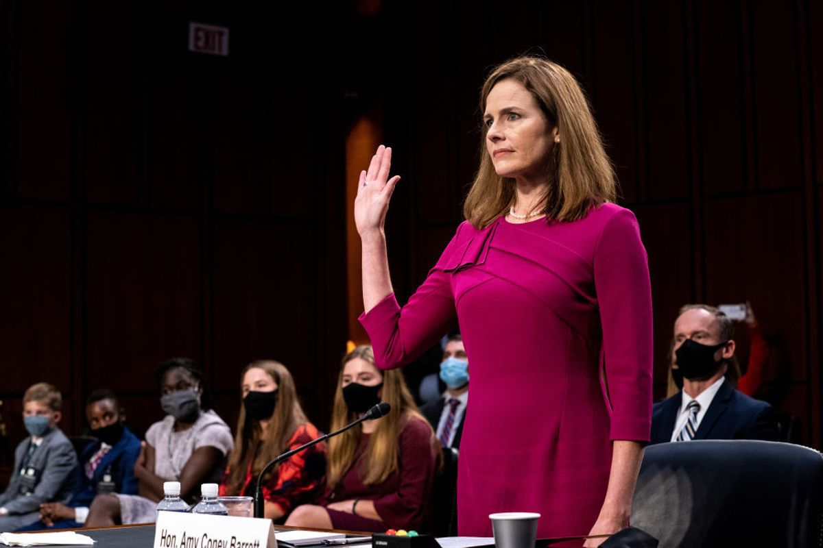 WASHINGTON, DC - OCTOBER 12:  Supreme Court Justice nominee Judge Amy Coney Barrett is sworn in during the Senate Judiciary Committee confirmation hearing for Supreme Court Justice in the Hart Senate Office Building on October 12, 2020 in Washington, DC. With less than a month until the presidential election, President Donald Trump tapped Amy Coney Barrett to be his third Supreme Court nominee in just four years. If confirmed, Barrett would replace the late Associate Justice Ruth Bader Ginsburg. (Erin Schaff-Pool/Getty Images) (Erin Schaff-Pool/Getty Images)