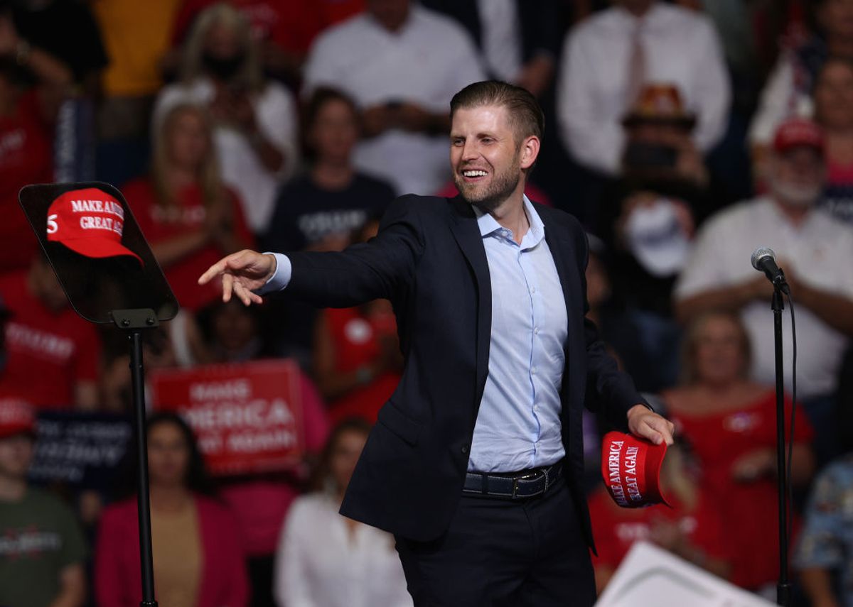 TULSA, OKLAHOMA - JUNE 20: Eric Trump tosses a hat into the crowd at a campaign rally for his father U.S. President Donald Trump at the BOK Center, June 20, 2020 in Tulsa, Oklahoma. Trump is holding his first political rally since the start of the coronavirus pandemic at the BOK Center on Saturday while infection rates in the state of Oklahoma continue to rise. (Photo by Win McNamee/Getty Images) (Win McNamee/Getty Images)