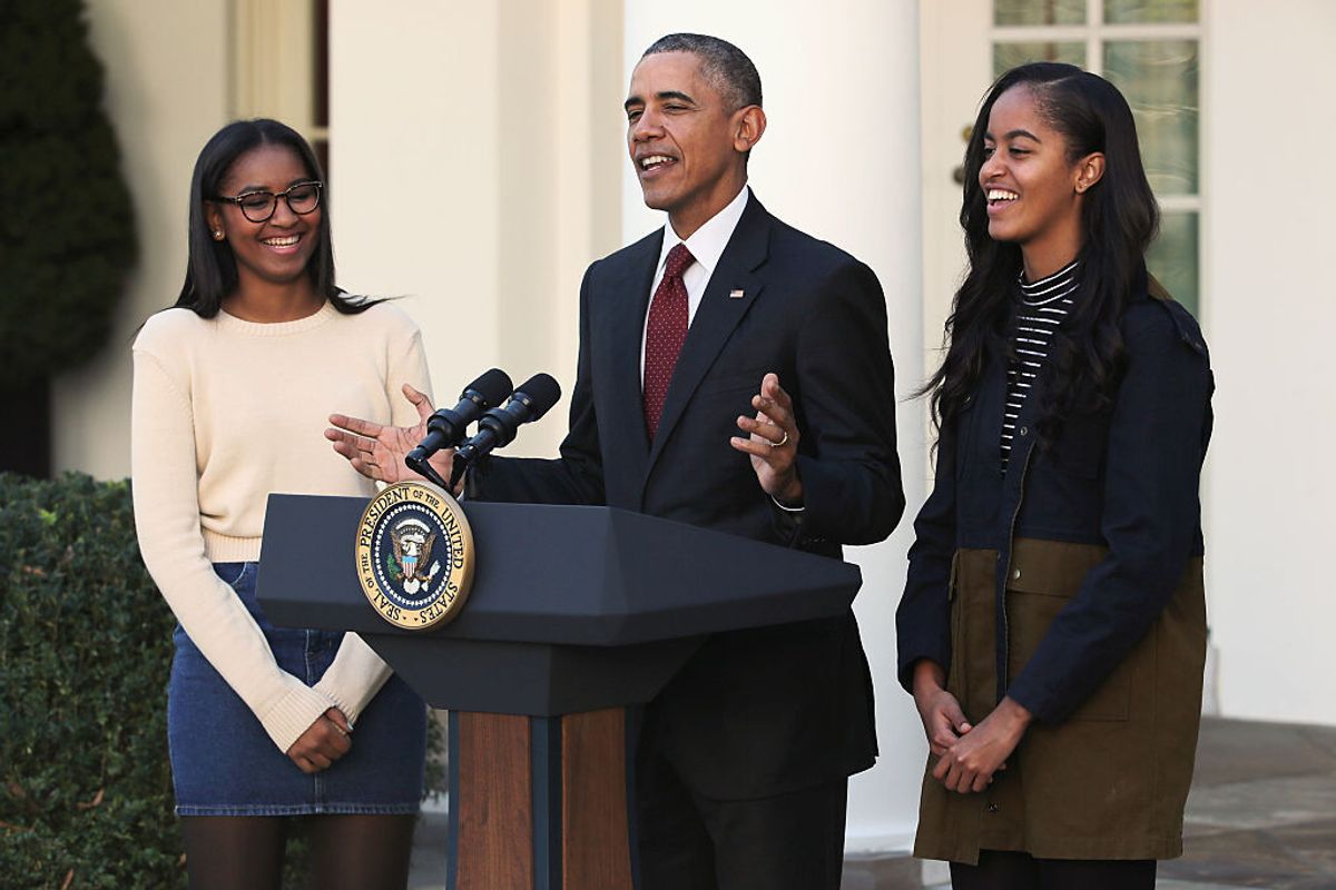 WASHINGTON, DC - NOVEMBER 25:  U.S. President Barack Obama delivers remarks with his daughters Sasha (L) and Malia during the annual turkey pardoning ceremony in the Rose Garden at the White House  November 25, 2015 in Washington, DC. In a tradition dating back to 1947, the president pardons a turkey, sparing the tom -- and his alternate -- from becoming a Thanksgiving Day feast. This year, Americans were asked to choose which of two turkeys would be pardoned and to cast their votes on Twitter.  (Photo by Chip Somodevilla/Getty Images) (Chip Somodevilla / Getty Images)