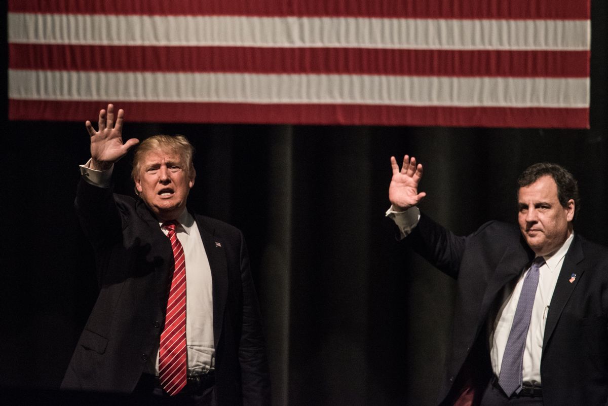 HICKORY, NC - MARCH 14: Republican presidential candidate Donald Trump, left, and New Jersey Gov. Chris Christie, right, wave to the crowd during a campaign rally at Lenoir-Rhyne University March 14, 2016 in Hickory, North Carolina. The North Carolina Republican primary will be held March 15. (Photo by Sean Rayford/Getty Images) (Sean Rayford/Getty Images)