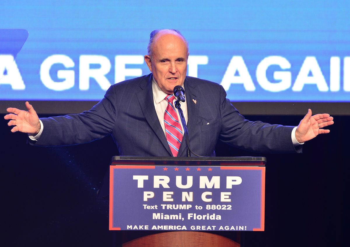 MIAMI, FL - SEPTEMBER 16: Former Mayor of New York City Rudy Giuliani introduces US Republican presidential nominee Donald Trump during a campaign event at James L. Knight Center on September 16, 2016 in Miami, Florida.  (Photo by Johnny Louis/FilmMagic) (Photo by Johnny Louis/FilmMagic)