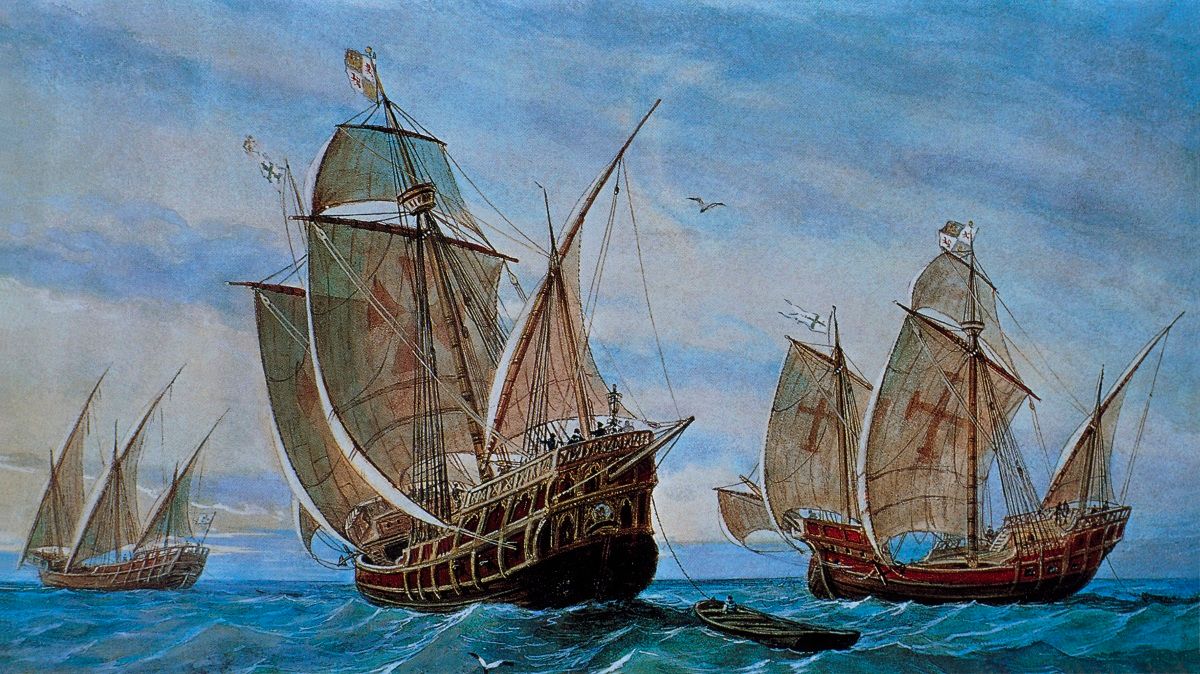 Les trois bateaux de l'explorateur génois Christophe Colomb : la Nina, la Santa Maria et la Pinta. (Photo by API/Gamma-Rapho via Getty Images) (API / Gamma-Rapho via Getty Images)