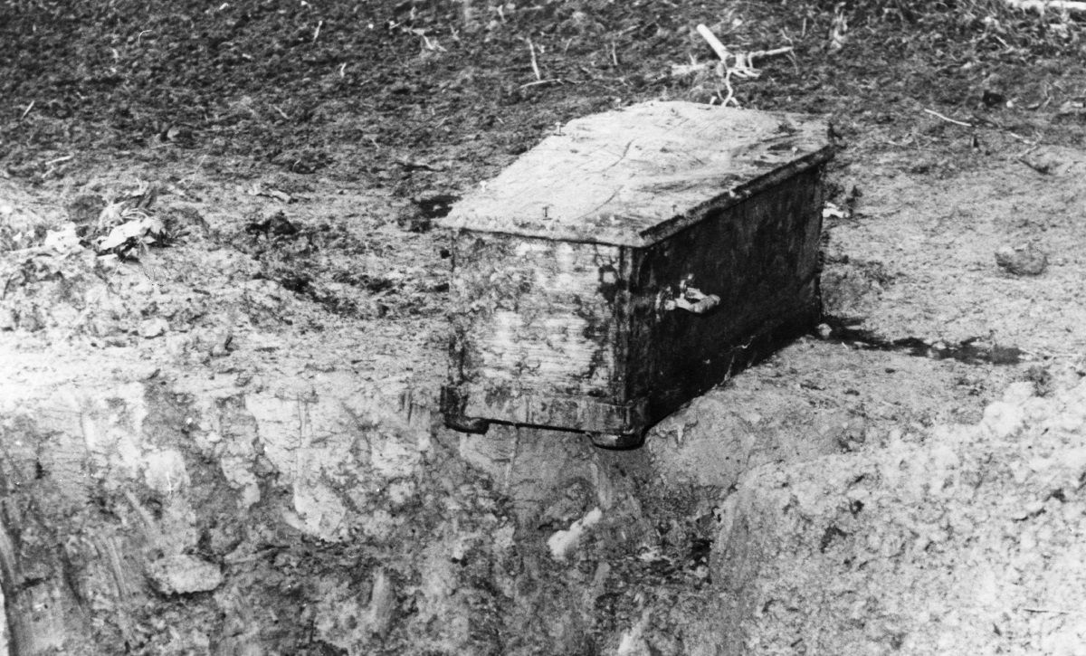 22nd May 1978:  Charlie Chaplin's stolen coffin which was found after eleven weeks following the arrest of two car mechanics in Lausanne. They were charged with attempted extortion and disturbing the dead. The oak coffin was buried in a freshly sown maize field ten miles away from Chaplin's home at Cornier-sur-Vevey  (Photo by Central Press/Getty Images) (Getty Images / Central Press / Stringer)