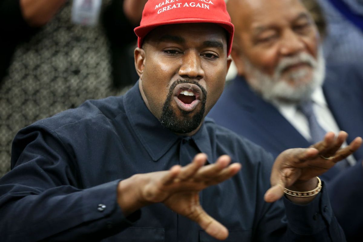 WASHINGTON, DC - OCTOBER 11:  (AFP OUT) Rapper Kanye West speaks during a meeting with U.S. President Donald Trump in the Oval office of the White House on October 11, 2018 in Washington, DC. (Photo by Oliver Contreras - Pool/Getty Images) (Pool / Pool)