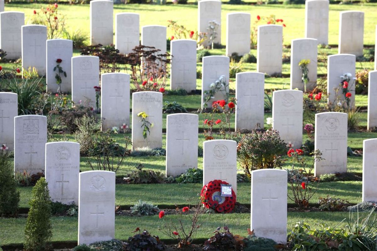 A picture taken at the World War I French-British memorial of Thiepval, northern France, on November 9, 2018 shows graves during a ceremony marking the 100th anniversary of the end of the WWI. - The memorial commemorates more than 72,000 men of British and South African forces who died in the Somme sector before 20 March 1918 and have no known grave, the majority of whom died during the Somme offensive of 1916. (Photo by LUDOVIC MARIN / AFP)        (Photo credit should read LUDOVIC MARIN/AFP via Getty Images) ( LUDOVIC MARIN / Getty)