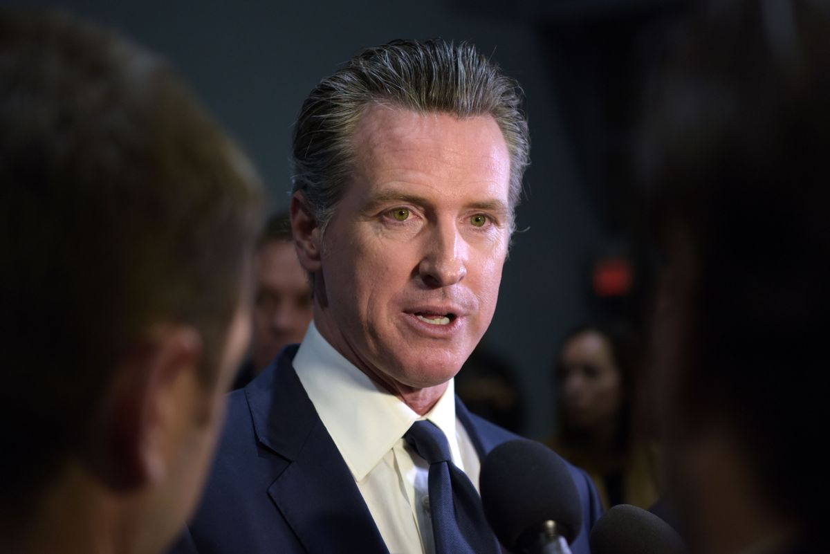 California Governor Gavin Newsom speaks to the press in the spin room after the sixth Democratic primary debate of the 2020 presidential campaign season co-hosted by PBS NewsHour &amp; Politico at Loyola Marymount University in Los Angeles, California on December 19, 2019. (Photo by Agustin PAULLIER / AFP) (Photo by AGUSTIN PAULLIER/AFP via Getty Images) (AGUSTIN PAULLIER/AFP via Getty Images)