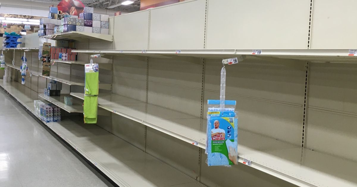 Empty shelves in Supermarket, Paper Product aisle Due to Coronavirus panic shopping, Wellsville, New York, USA. (Photo by: Barrie Fanton/Education Images/Universal Images Group via Getty Images) (Barrie Fanton/Education Images/Universal Images Group via Getty Images)