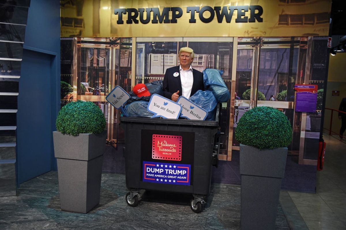 BERLIN, GERMANY - OCTOBER 30: Shortly before the US presidential elections, Madame Tussauds Berlin throws the wax figure of Donald Trump into the trash bin and dispose of it on October 30, 2020 in Berlin, Germany. They expect that he is going to lose, so say they don't need it any longer. (Photo by Tristar Media/Getty Images) (Tristar Media/Getty Images)