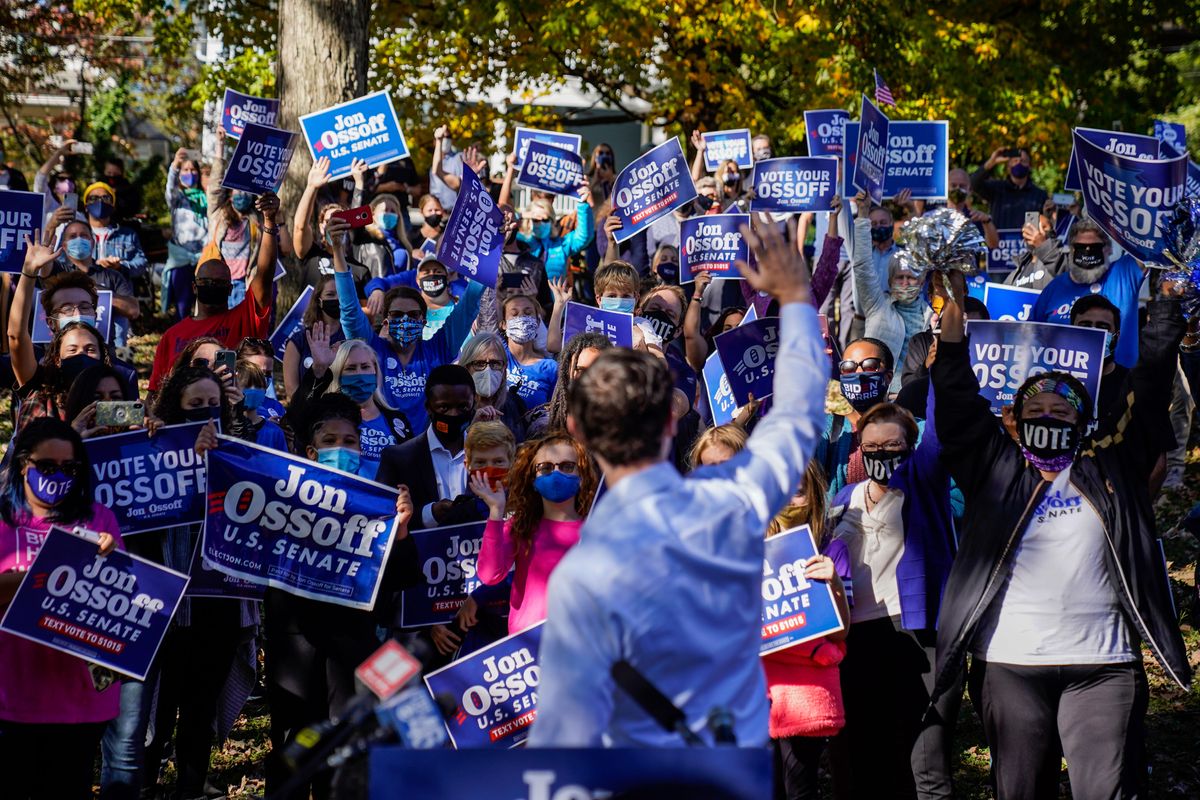 ATLANTA, GA - NOVEMBER 06: Jon Ossoff holds a campaign event at Grant Park on Friday, Nov. 6, 2020 in Atlanta, GA. Ossoff, who is challenging incumbent U.S. Sen. David Perdue,  will likely forced into a January runoff between the two men. (Kent Nishimura / Los Angeles Times via Getty Images) (Kent Nishimura / Los Angeles Times via Getty Images)