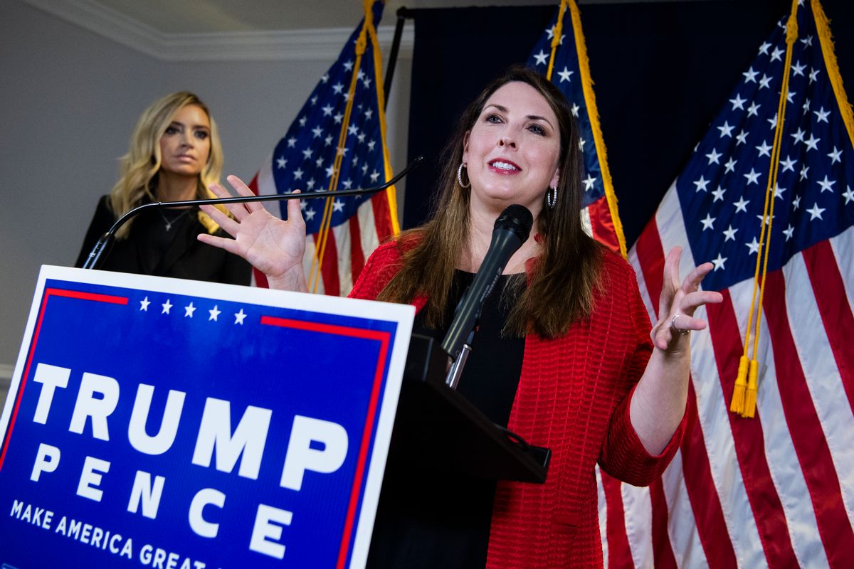 UNITED STATES - NOVEMBER 9: Ronna McDaniel, right, chairwoman of the Republican National Committee, and Kayleigh McEnany, White House press secretary, conduct a news conference to discuss Pennsylvania litigation and to Ògive an overview of the post-Election Day landscape,Ó at the RNC on Capitol Hill on Monday, November 9, 2020. Matthew Morgan, President TrumpÕs campaign general counsel, also attended. (Photo By Tom Williams/CQ-Roll Call, Inc via Getty Images) (Tom Williams/CQ-Roll Call, Inc via Getty Images)