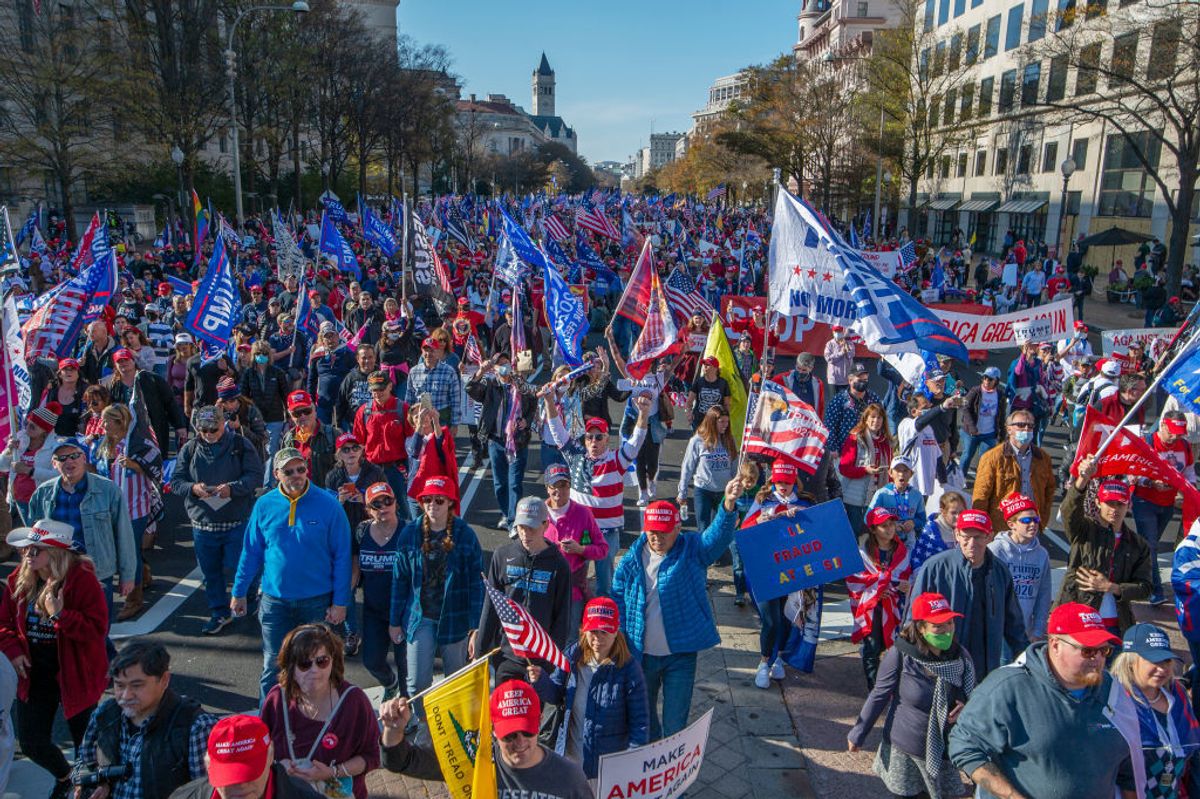 WASHINGTON, DC - NOVEMBER 14: Thousands of supporters of President Trump march along Pennsylvania Avenue towards the Supreme Court during the Million MAGA March rally in Washington, DC, on November 14, 2020. (Photo by Craig Hudson for The Washington Post via Getty Images) (Craig Hudson for The Washington Post via Getty Images)