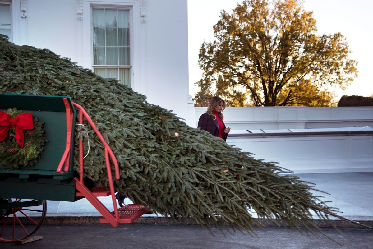 US first lady Melania Trump arrives to receive a Christmas tree during an event at the White House November 20, 2017 in Washington, DC. / AFP PHOTO / Brendan Smialowski        (Photo credit should read BRENDAN SMIALOWSKI/AFP via Getty Images) (BRENDAN SMIALOWSKI/AFP via Getty Images)