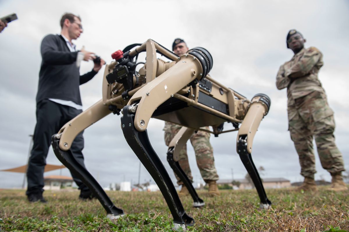 An unmanned ground vehicle is tested at Tyndall Air Force Base, Florida, Nov. 10, 2020. Tyndall is one of the first military bases to implement the semi-autonomous UGV’s into their defense regiment, they will aid in reconnaissance and enhanced security patrolling operations across the base. (U.S. Air Force photo by Airman 1 st Class Tiffany Price) (U.S. Air Force photo by Airman 1st Class Tiffany Price)