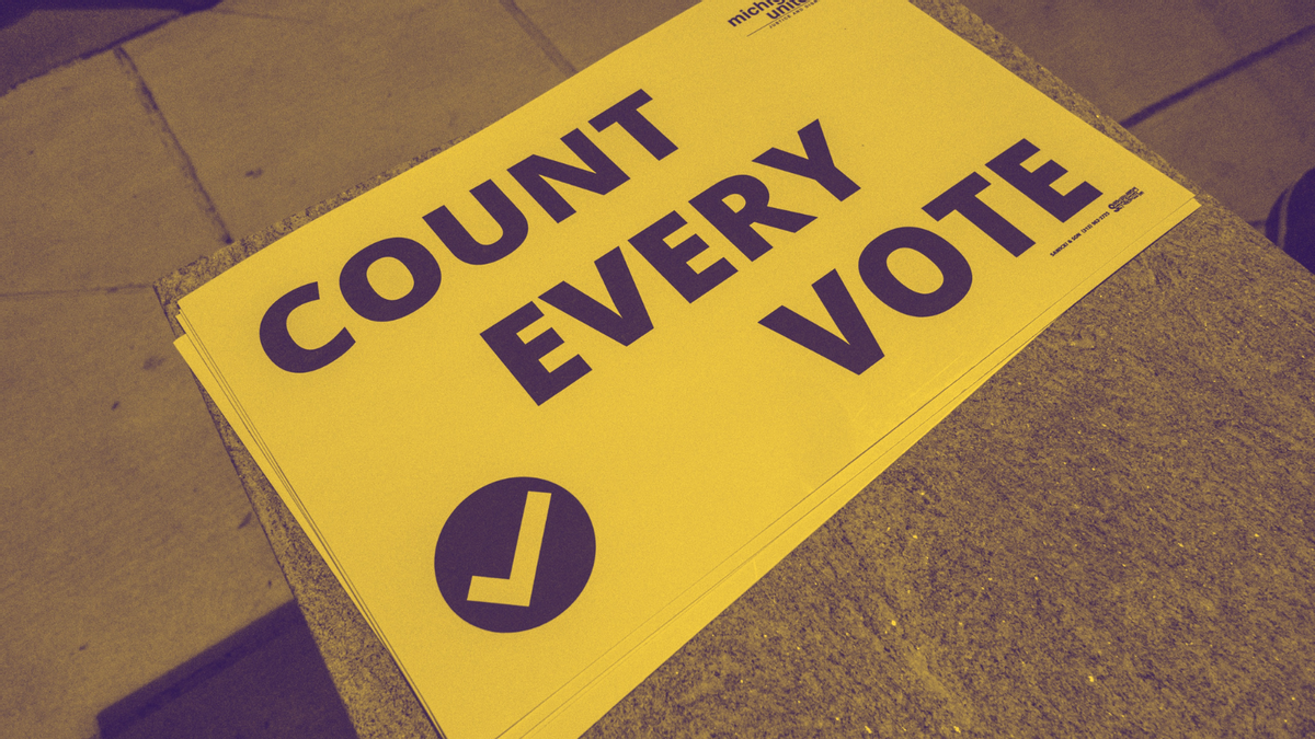 A "Count every vote" sign lays outside of the TCF center where ballots are being counted in downtown Detroit, Michigan on November 4,2020. - Democratic presidential challenger Joe Biden on November 4 neared the magic number of 270 electoral votes needed to win the White House with several battleground states still in play, as incumbent President Donald Trump challenged the vote count. (Photo by SETH HERALD / AFP) (Photo by SETH HERALD/AFP via Getty Images) (SETH HERALD/AFP via Getty Images)