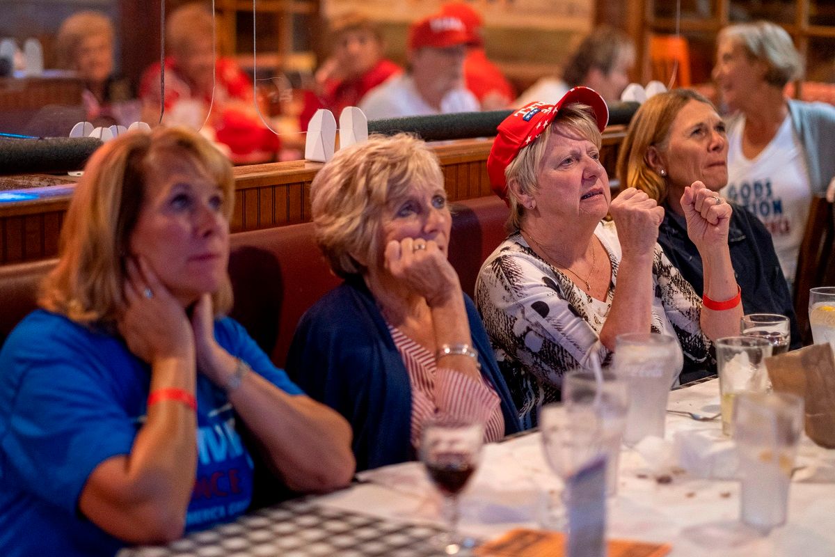 People watch a broadcast of Fox News showing presidential election returns at an election night watch party organized by group "Villagers for Trump" in The Villages, Florida, on November 3, 2020. (Photo by Ricardo ARDUENGO / AFP) (Photo by RICARDO ARDUENGO/AFP via Getty Images) (Getty Images)