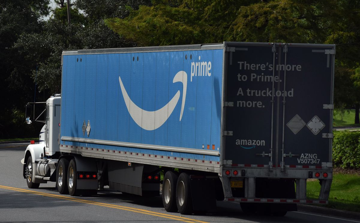 An Amazon Prime truck heads to a distribution center on July 14, 2019 in Orlando, Florida. On July 15 and 16, 2019, Amazon holds its annual Amazon Prime Day, a 48-hour event during which Prime members can shop online for hundreds of thousands of specially discounted items.  (Photo by Paul Hennessy/NurPhoto via Getty Images) (Paul Hennessy/NurPhoto via Getty Images)