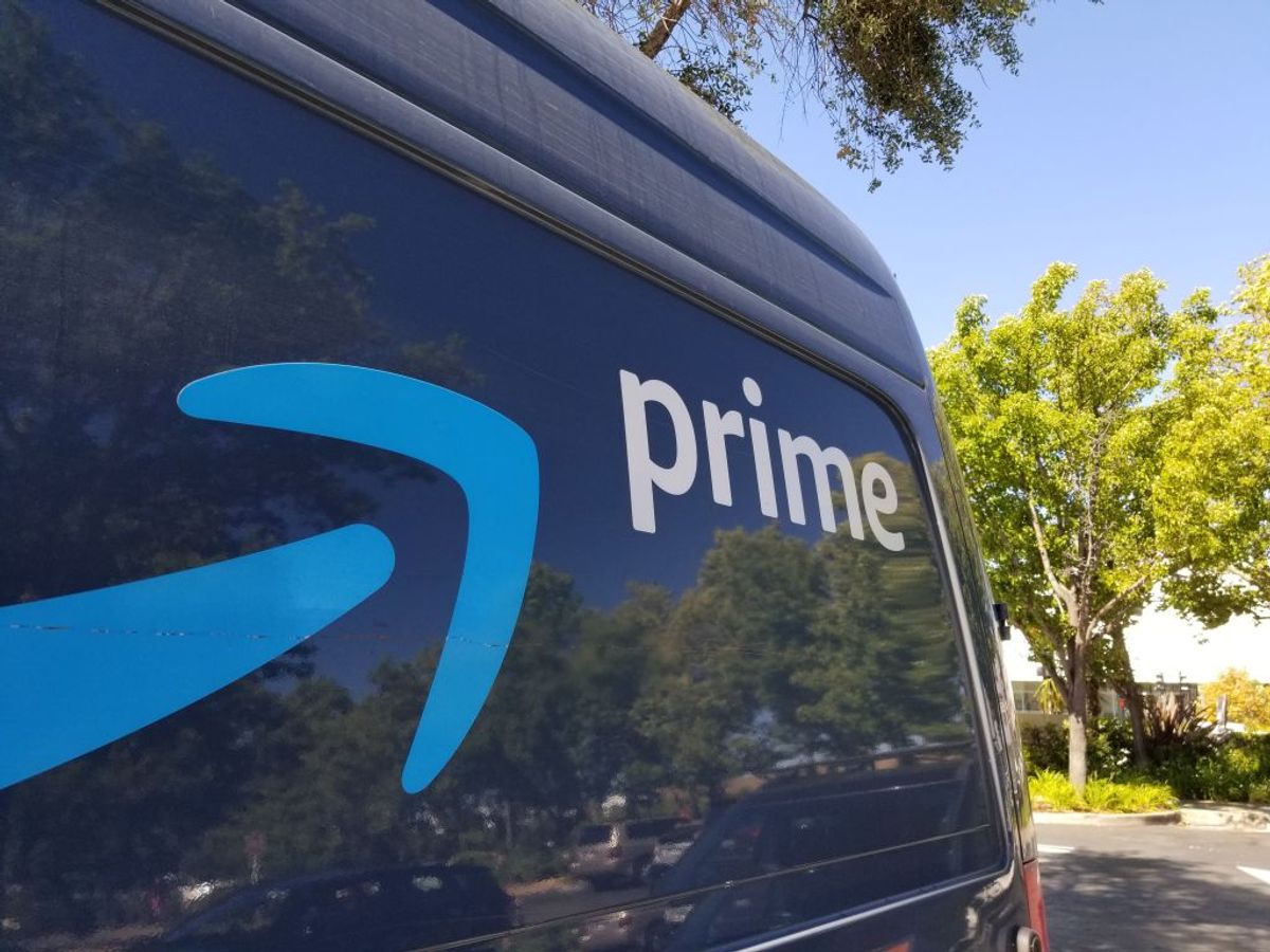 Close-up of logo for Amazon Prime service on the side of a branded delivery truck in San Ramon, California; Amazon announced that it would hire thousands more delivery drivers to increase 1 day shipping options beginning in 2019, July 12, 2019. (Photo by Smith Collection/Gado/Getty Images) (Smith Collection/Gado/Getty Images)