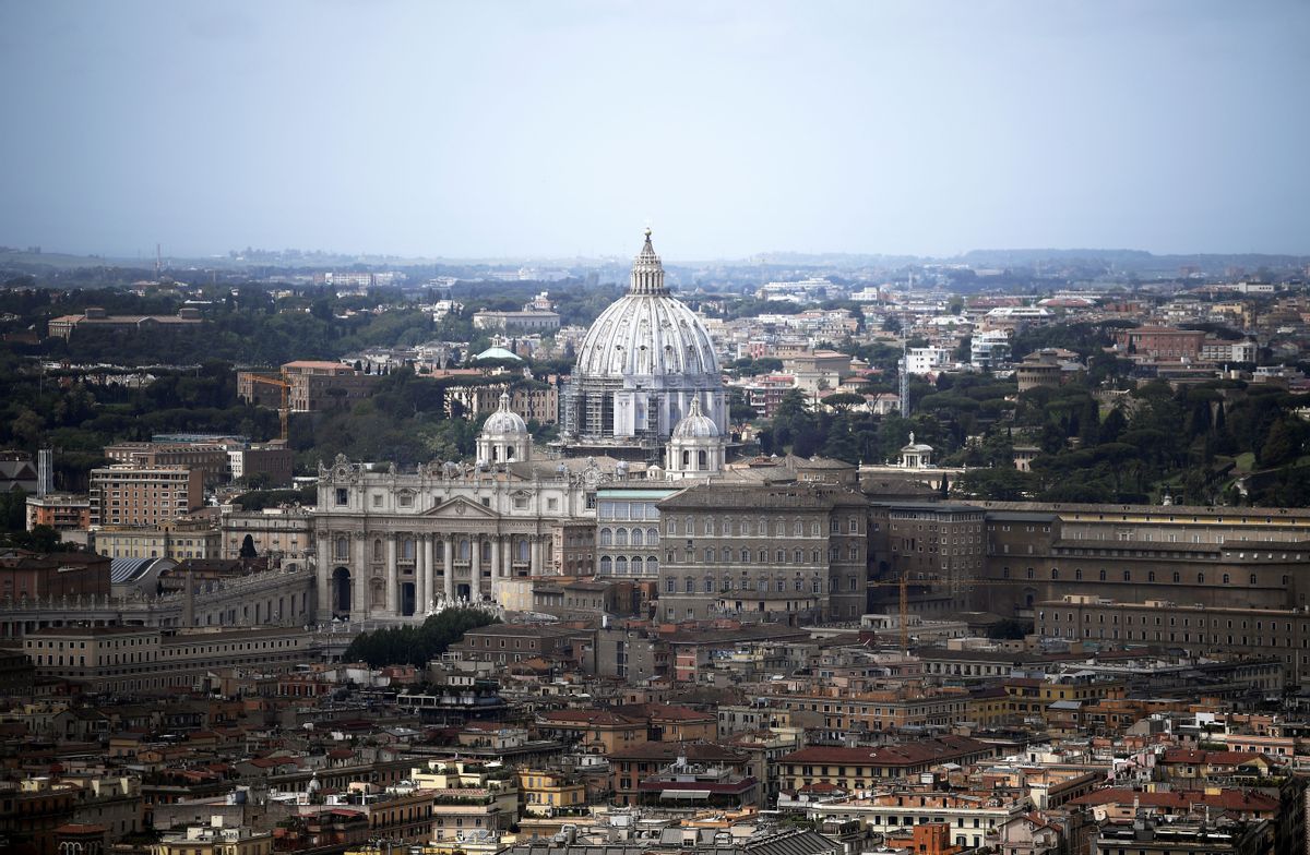 TOPSHOT - This aerial photograph taken on May 1, 2020 shows St Peter's dome at the Vatican, on May day during the country's lockdown aimed at curbing the spread of the COVID-19 (the novel coronavirus). (Photo by Filippo MONTEFORTE / AFP) (Photo by FILIPPO MONTEFORTE/AFP via Getty Images) (FILIPPO MONTEFORTE / Contributor, Getty Images)