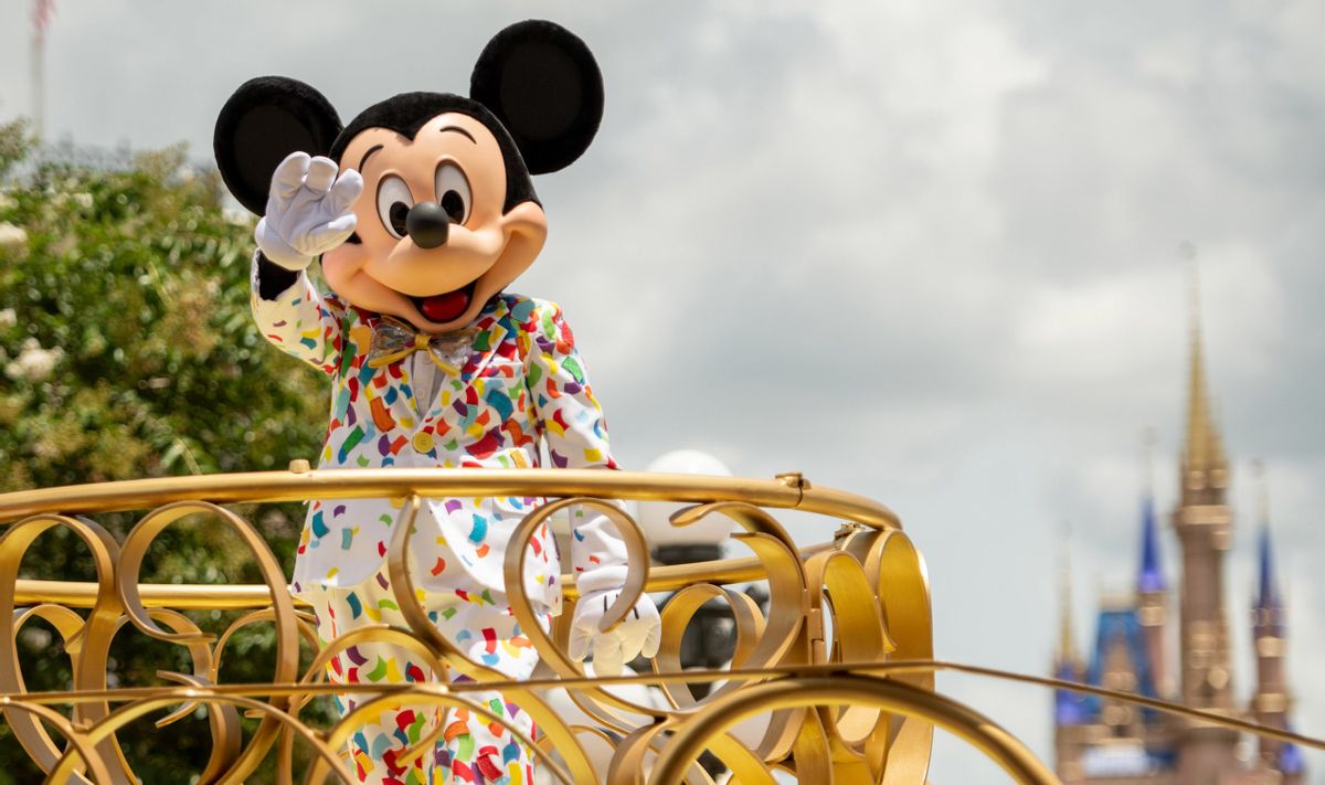LAKE BUENA VISTA, FL - JULY 2:  In this handout photo provided by Walt Disney World Resort, Mickey Mouse stars in the "Mickey and Friends Cavalcade on July 2, 2020 in Lake Buena Vista, Florida. With traditional parades on temporary hiatus to support physical distancing during the phased reopening, Disney characters will pop up in new and different ways throughout the day. Walt Disney World Resort theme parks begin their phased reopening on July 11, 2020. (Photo by Kent Phillips/Walt Disney World Resort via Getty Images) (Kent Phillips/Walt Disney World Resort via Getty Images)