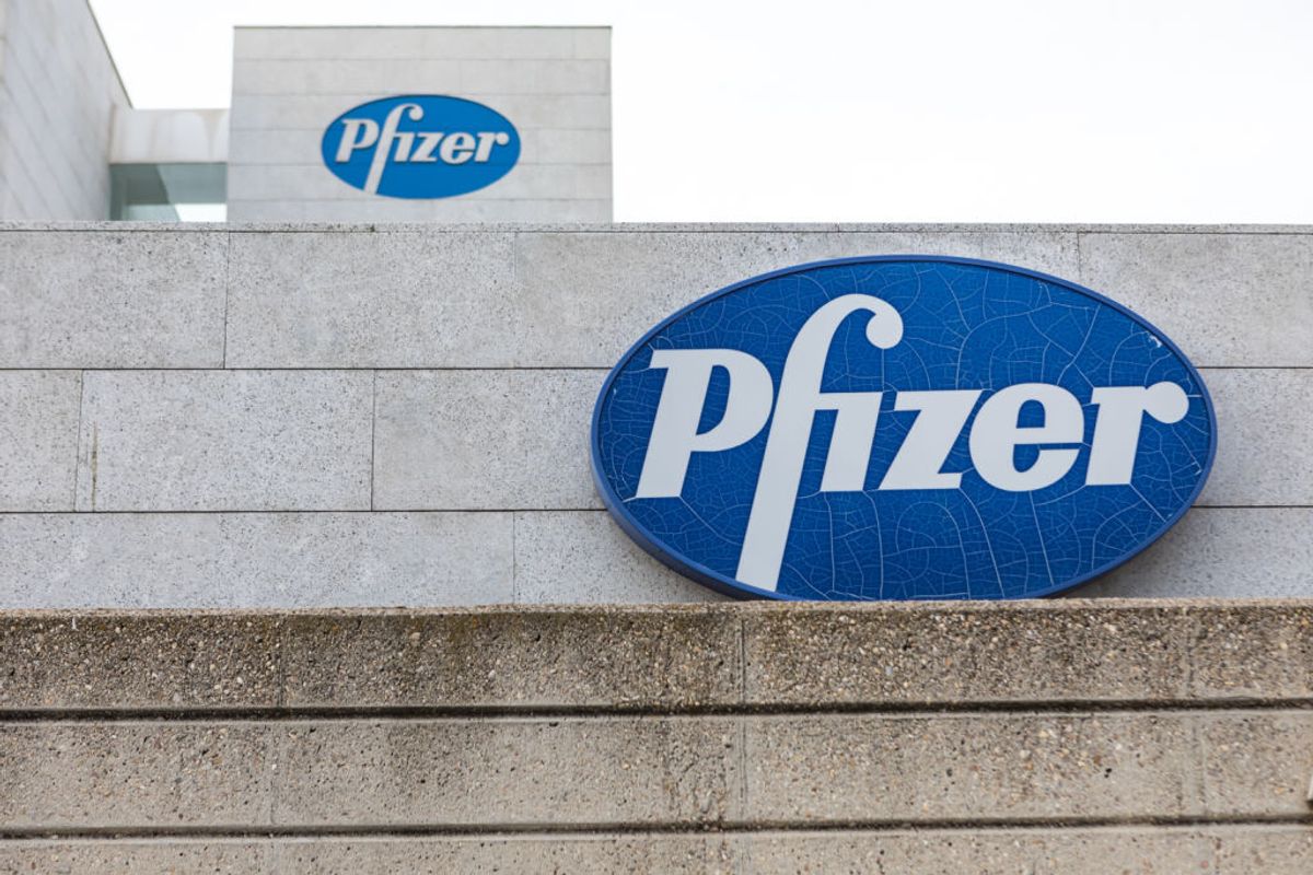 ALCOBENDAS, SPAIN – NOVEMBER 12: A sign for Pfizer is seen outside the Pfizer building on November 12, 2020 in Alcobendas, Madrid, Spain.  Pharmaceutical company Pfizer announced positive early results on its Covid-19 vaccine trial and has proven to be 90% effective in preventing infection of the virus. (Photo by David Benito/Getty Images) (David Benito / Contributor / Getty Images)