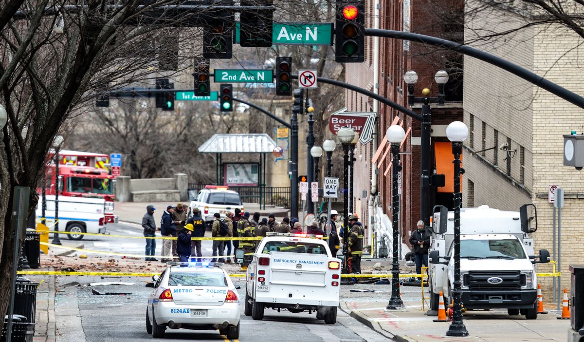 NASHVILLE, TN - DECEMBER 25: FBI and first responders work on the scene after an explosion on December 25, 2020 in Nashville, Tennessee. According to initial reports, a vehicle exploded downtown in the early morning hours. (Photo by Thaddaeus McAdams/Getty Images) (Thaddaeus McAdams/Getty Images)