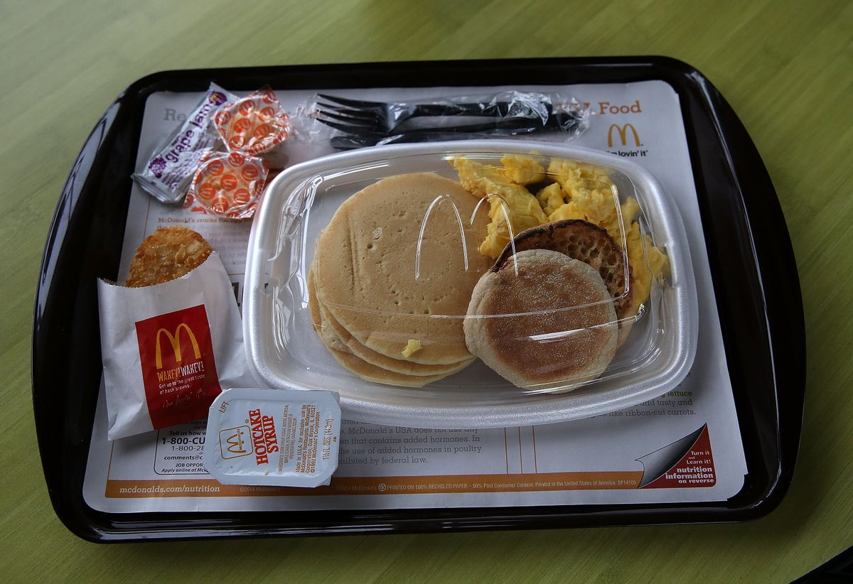 FAIRFIELD, CA - JULY 23:  A McDonald's "Big Breakfast" is displayed at a McDonald's restaurant on July 23, 2015 in Fairfield, California.  McDonald's has been testing all-day breakfast menus at select locations in the U.S. and could offer it at all locations as early as October. (Photo illustration by Justin Sullivan/Getty Images) (Justin Sullivan/Getty Images)