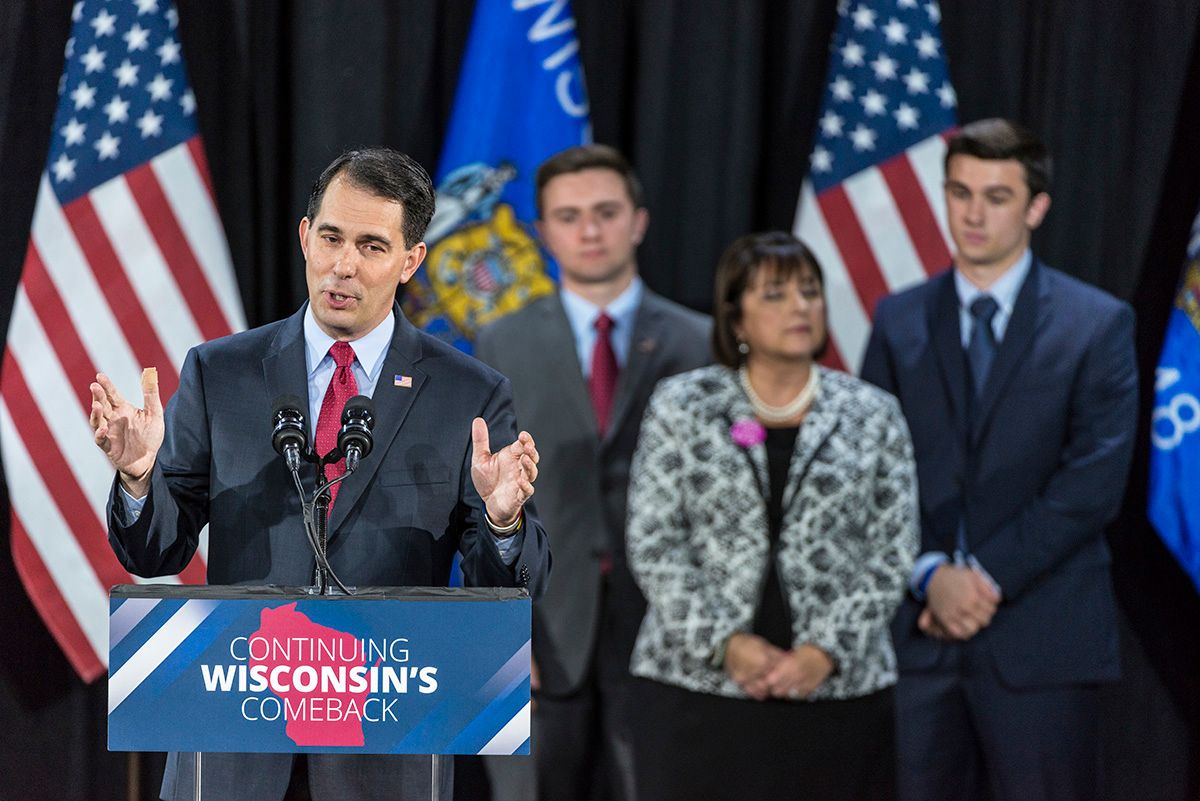 Wisconsin Governor Scott Walker with his wife Tonette and sons Matt and Alex (red tie) at Walker's Election Night Rally at the State Fair Exposition Center in West Allis, WI. (Photo by Ralf-Finn Hestoft/Corbis via Getty Images) (Ralf-Finn Hestoft / Contributor)