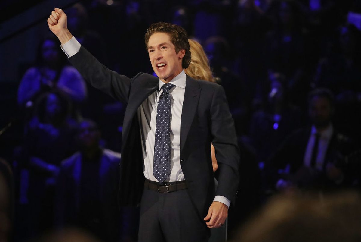 HOUSTON, TX - SEPTEMBER 03: Joel Osteen, the pastor of Lakewood Church, conducts a service at his church as the city starts the process of rebuilding after severe flooding during Hurricane and Tropical Storm Harvey on September 3, 2017 in Houston, Texas. Pastor Osteen drew criticism after initially not opening the doors of his church to victims of Hurricane Harvey. Harvey, which made landfall north of Corpus Christi on August 25, dumped around 50 inches of rain in and around areas of Houston and Southeast Texas.  (Photo by Joe Raedle/Getty Images) (Joe Raedle/Getty Images)
