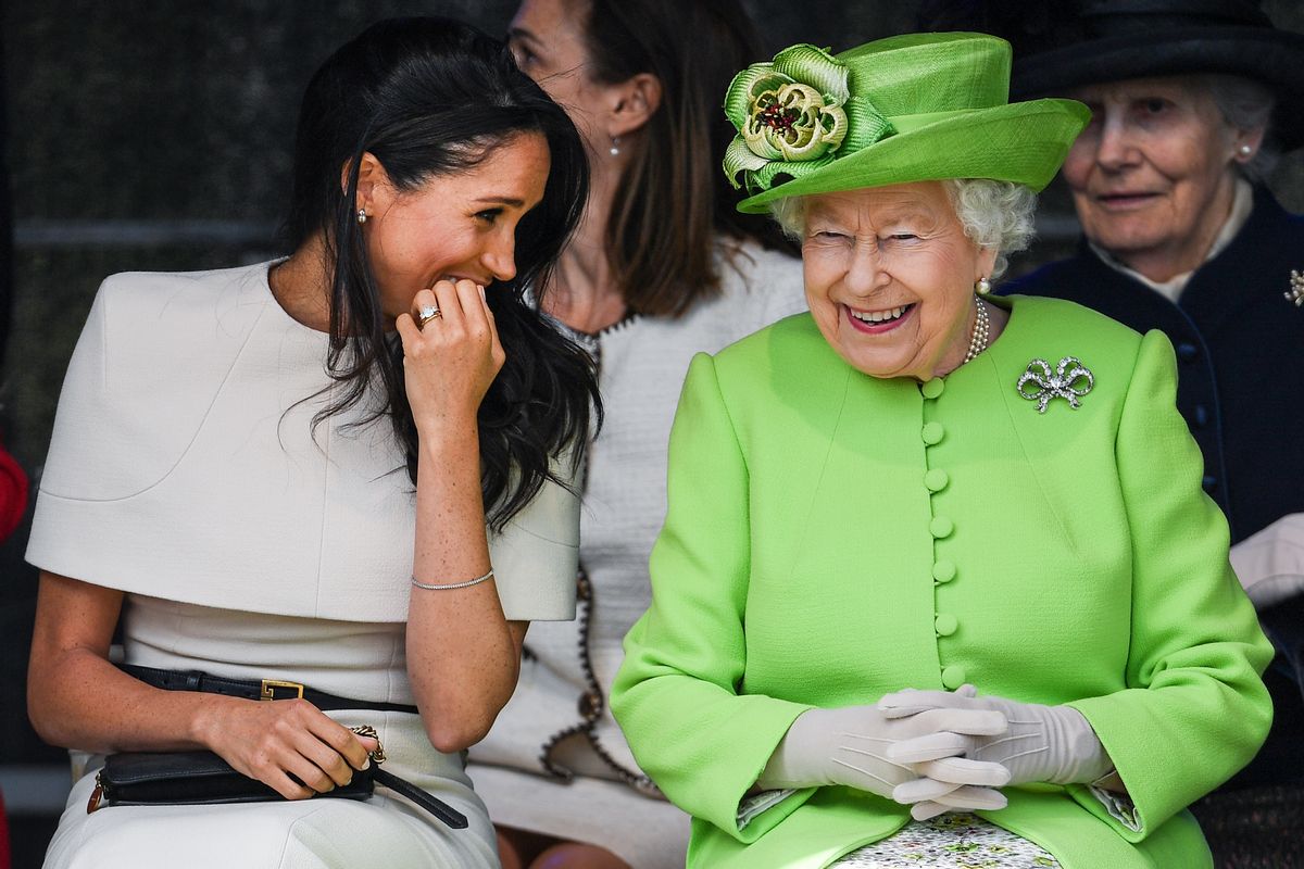 CHESTER, ENGLAND - JUNE 14:  Queen Elizabeth II sitts and laughs with Meghan, Duchess of Sussex during a ceremony to open the new Mersey Gateway Bridge on June 14, 2018 in the town of Widnes in Halton, Cheshire, England. Meghan Markle married Prince Harry last month to become The Duchess of Sussex and this is her first engagement with the Queen. During the visit the pair will open a road bridge in Widnes and visit The Storyhouse and Town Hall in Chester.  (Photo by Jeff J Mitchell/Getty Images) (Jeff J. Mitchell / Staff)