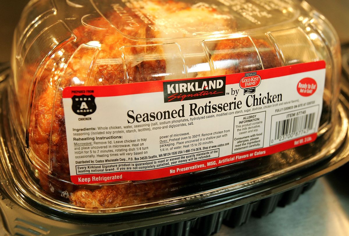 NILES, IL - JUNE 16:  A Kirkland Signature premium brand roasted rotisserie chicken sits at a Costco store June 16, 2005 in Niles, Illinois. The larger "big box" stores such as Costco, Target's SuperTarget and Wal-Mart's Supercenter stores are offering premium beef and poultry items, competing against other supermarkets and the smaller independent grocers and butcher shops. (Photo by Tim Boyle/Getty Images) (Tim Boyle/Getty Images.)