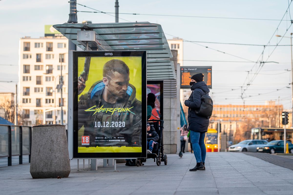 An advertisment of Cyberpunk 2077 game is seen on December 4, 20202 before the expected release of Cyberpunk 2077 game, in Warsaw, Poland. - The developer of Cyberpunk 2077, the much-delayed video game that is reported to be one of the most expensive ever made, has promised a "new quality" in experience for users when it finally launches worldwide on December 10, 2020. (Photo by Wojtek RADWANSKI / AFP) (Photo by WOJTEK RADWANSKI/AFP via Getty Images) (WOJTEK RADWANSKI/AFP via Getty Images)