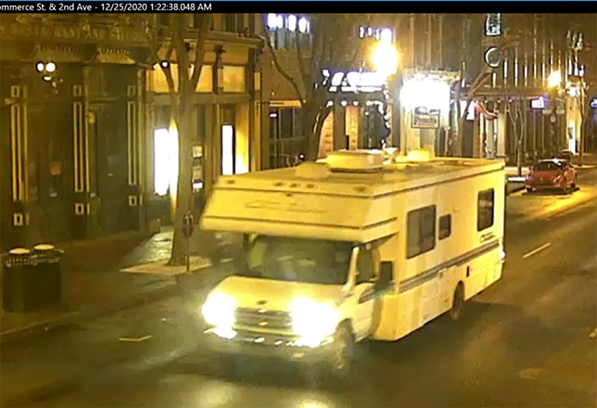 NASHVILLE, TENNESSEE - DECEMBER 25: In this handout image provided by the Metro Nashville Police Department, a screengrab of surveillance footage shows the recreational vehicle suspected of being used in the Christmas day bombing on December 25, 2020 in Nashville, Tennessee. A Hazardous Devices Unit was en route to check on a recreational vehicle which then exploded, extensively damaging some nearby buildings. According to reports, the police believe the explosion to be intentional, with at least 3 injured and human remains found in the vicinity of the explosion. (Photo by Metro Nashville Police Department via Getty Images) (Getty Images)