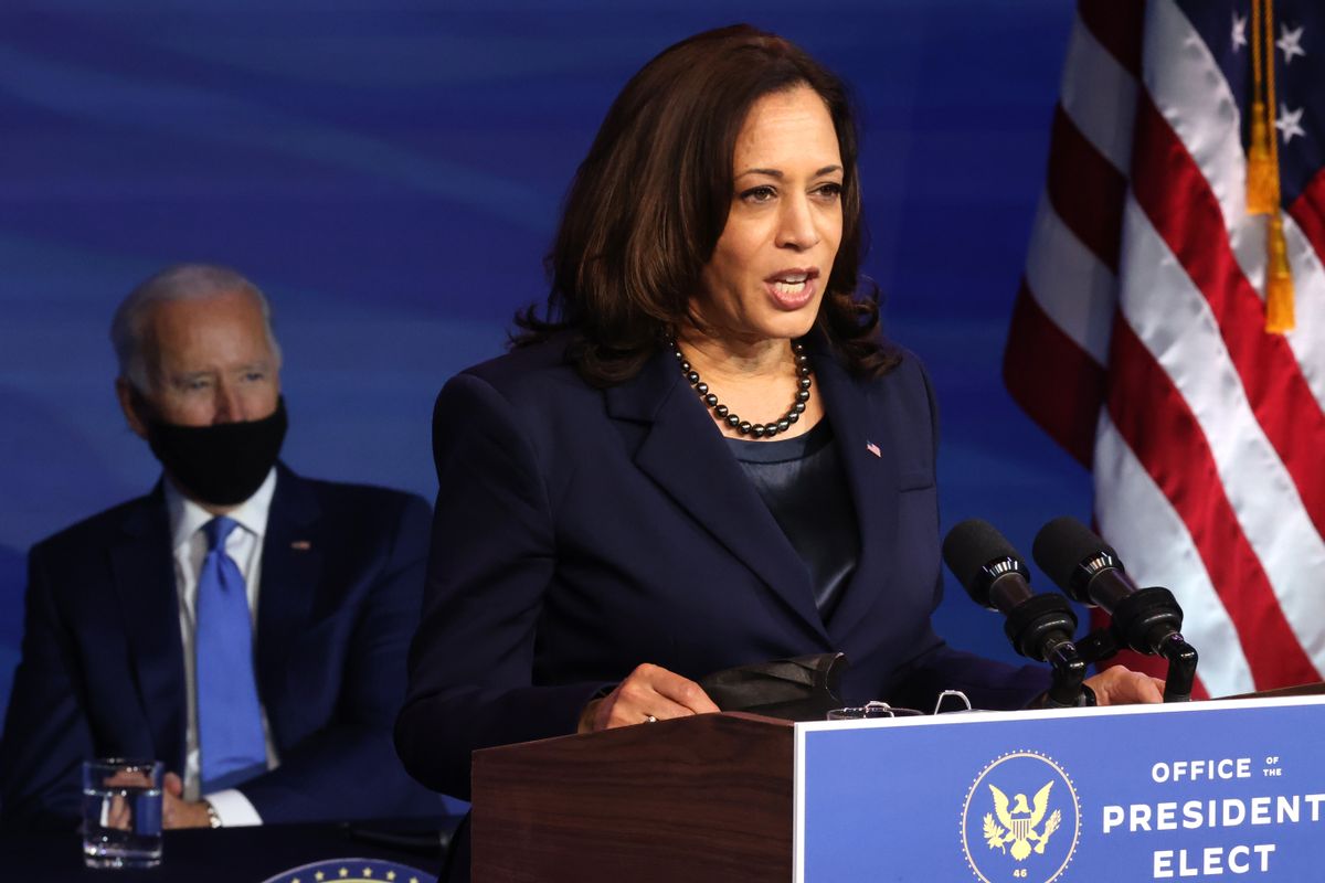 WILMINGTON, DELAWARE - DECEMBER 11: U.S. Vice President-elect Kamala Harris speaks during an event to announce new cabinet nominations at the Queen Theatre on December 11, 2020 in Wilmington, Delaware. President-elect Joe Biden is continuing to round out his domestic team with the announcement of his choices for cabinet secretaries of Veterans Affairs and Agriculture, and the heads of his domestic policy council and the U.S. Trade Representative. (Photo by Chip Somodevilla/Getty Images) (Chip Somodevilla / Staff)
