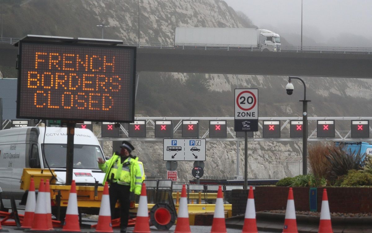 Police and port staff at the Port of Dover in Kent which has been closed after the French government's announcement it will not accept any passengers arriving from the UK for the next 48 hours amid fears over the new mutant coronavirus strain. (Photo by Steve Parsons/PA Images via Getty Images) (Steve Parsons/PA Images via Getty Images)