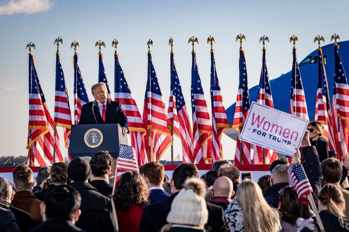 JOINT BASE ANDREWS, MARYLAND - JANUARY 20: President Donald Trump speaks to supporters at Joint Base Andrews before boarding Air Force One for his last time as President on January 20, 2021 in Joint Base Andrews, Maryland. Trump, the first president in more than 150 years to refuse to attend his successor's inauguration, is expected to spend the final minutes of his presidency at his Mar-a-Lago estate in Florida. (Photo by Pete Marovich - Pool/Getty Images) (Getty Images)