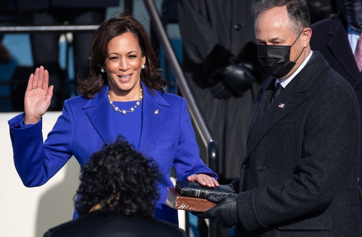 WASHINGTON, DC - JANUARY 20: Kamala Harris is sworn in as vice president by Supreme Court Justice Sonia Sotomayor as her husband Doug Emhoff holds the Bible during the 59th Presidential Inauguration at the U.S. Capitol on January 20, 2021 in Washington, DC. During today's inauguration ceremony Joe Biden becomes the 46th president of the United States. (Photo by Saul Loeb - Pool/Getty Images) (Saul Loeb / Getty Images)