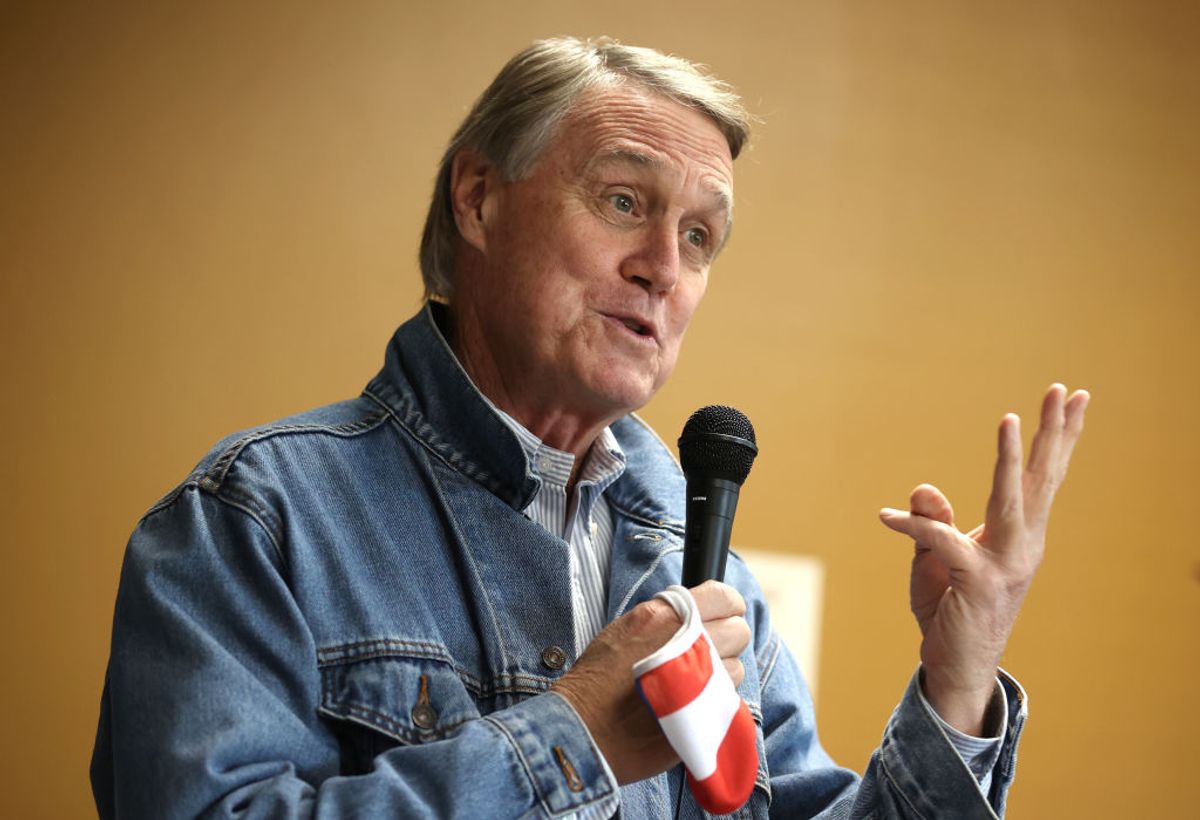 MONROE, GEORGIA - OCTOBER 31: Republican senate candidate U.S. Sen. David Perdue (R-GA) speaks during a campaign event at Pot Luck Cafe on October 31, 2020 in Monroe, Georgia. With three days until until election day, Sen. David Perdue is campaigning throughout the state of Georgia. (Photo by Justin Sullivan/Getty Images) (Justin Sullivan/Getty Images)