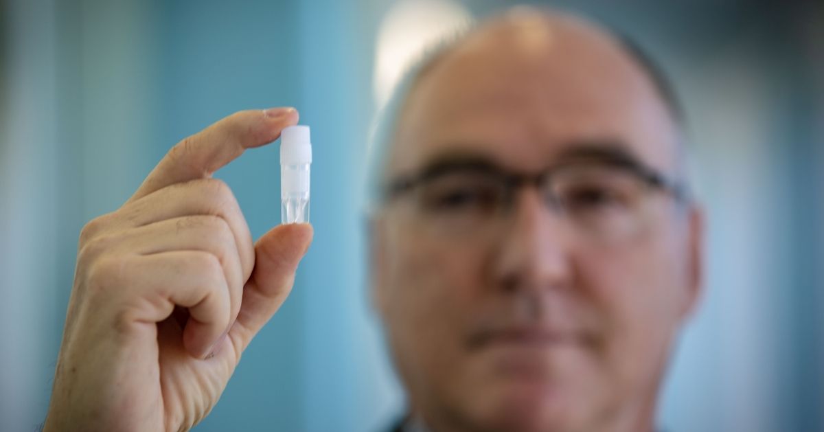MELBOURNE, AUSTRALIA - NOVEMBER 08: CSL’s Chief Scientific Officer, Dr Andrew Nash shows a small vial which indicates the size of the iml of cells that will go into the bioreactor to create 30 ml doses of the AstraZeneca vaccine. November 08, 2020 in Melbourne, Australia. CSL will begin manufacturing AstraZeneca-Oxford University COVID-19 vaccine from Monday. (Photo by Darrian Traynor/Getty Images) (Darrian Traynor/Getty Images)