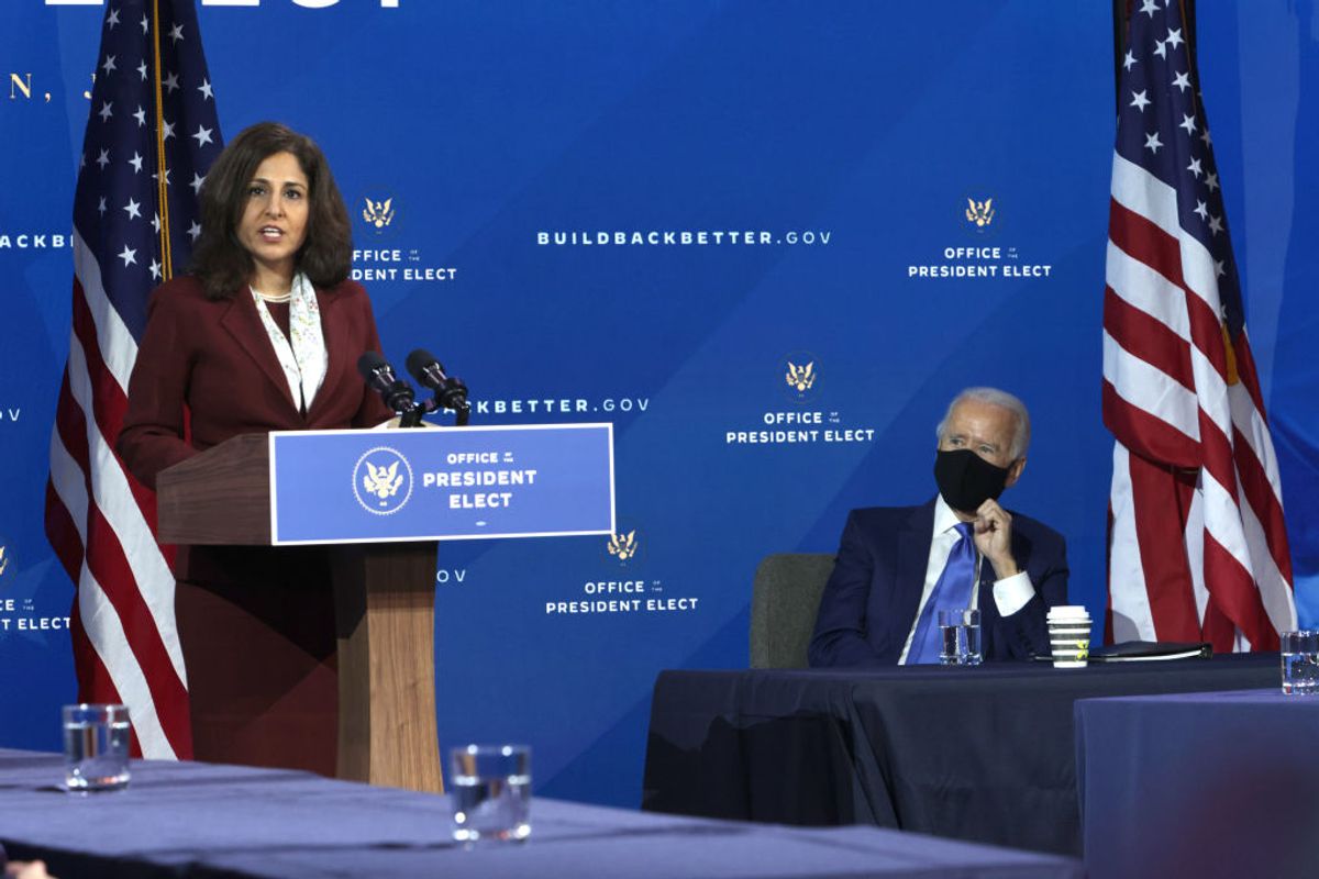 WILMINGTON, DELAWARE - DECEMBER 01: Director of the Office of Management and Budget nominee Neera Tanden (L) speaks as President-elect Joe Biden (R) looks on during an event to name President-elect Joe Biden’s economic team at the Queen Theater on December 1, 2020 in Wilmington, Delaware. Biden is nominating and appointing key positions to the Treasury Department, Office of Management and Budget, and the Council of Economic Advisers. (Photo by Alex Wong/Getty Images) (Alex Wong/Getty Images)