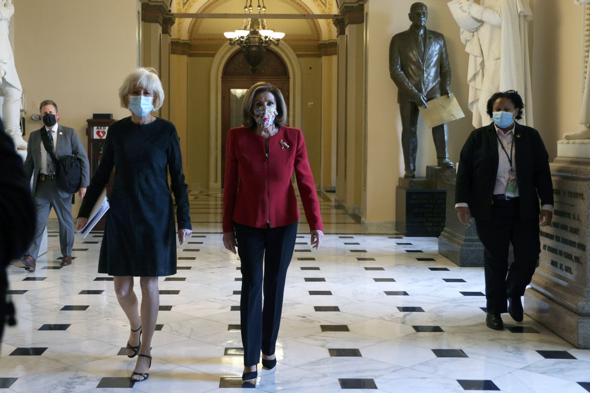 WASHINGTON, DC - JANUARY 08:  U.S. Speaker Rep. Nancy Pelosi (D-CA) walks with 60 Minutes correspondent Lesley Stahl of CBS News in a hallway at the U.S. Capitol January 8, 2021 in Washington, DC. Speaker Pelosi and her leadership team are considering an impeachment process of President Donald Trump after pro-Trump mobs stormed the Capitol and temporarily stopped the process the certification for President-elect Joe Biden and Vice President-elect Kamala Harris’ electoral college win. (Photo by Alex Wong/Getty Images) (Alex Wong / Getty Images)