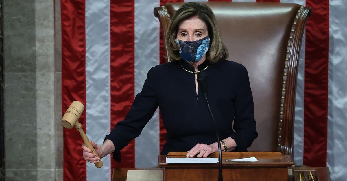 WASHINGTON, DC - JANUARY 13:  Speaker of the House Nancy Pelosi (D-CA) raps her gavel after the House voted to impeach U.S. President Donald Trump for the second time in little over a year in the House Chamber of the U.S. Capitol January 13, 2021 in Washington, DC. The House voted 232-197 to impeach Trump on the charge of “incitement of insurrection" after a mob attacked the U.S. Capitol where Congress was working to certify the Electoral College victory of President-elect Joe Biden on January 6. 10 Republicans voted to impeach. (Photo by Chip Somodevilla/Getty Images) (Chip Somodevilla/Getty Images)