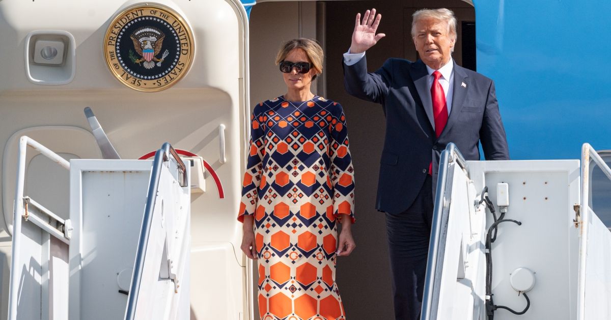 WEST PALM BEACH, FLORIDA - JANUARY 20: Outgoing U.S. President Donald Trump and First Lady Melania Trump exit Air Force One at the Palm Beach International Airport on the way to Mar-a-Lago Club on January 20, 2020 in West Palm Beach, Florida. Trump left Washington, DC on the last day of his administration before Joe Biden was sworn-in as the 46th president of the United States. (Photo by Noam Galai/Getty Images) (Noam Galai/Getty Images)