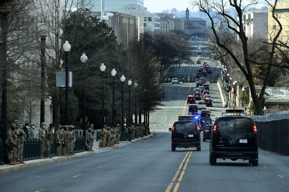 WASHINGTON, DC - JANUARY 20: The motorcade of President Joe Biden drives along Independence Avenue towards Arlington National Cemetery following his inauguration on January 20, 2021 in Washington, DC. During today's inauguration ceremony Joe Biden became the 46th president of the United States. (Photo by Chip Somodevilla/Getty Images) (Chip Somodevilla/Getty Images)