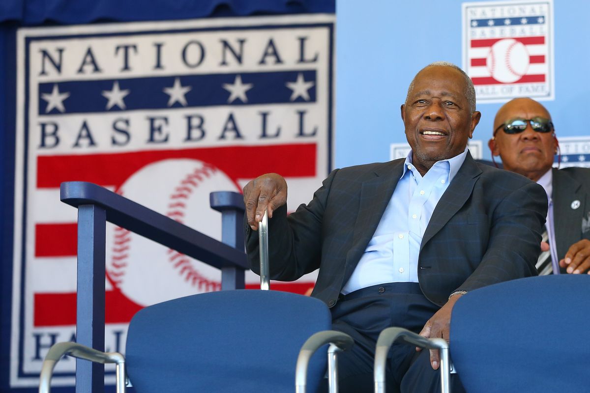 COOPERSTOWN, NY - JULY 30:  Hall of Famer Hank Aaron is introduced at Clark Sports Center during the Baseball Hall of Fame induction ceremony on July 30, 2017 in Cooperstown, New York.  (Photo by Mike Stobe/Getty Images) (Mike Stobe/Getty Images)