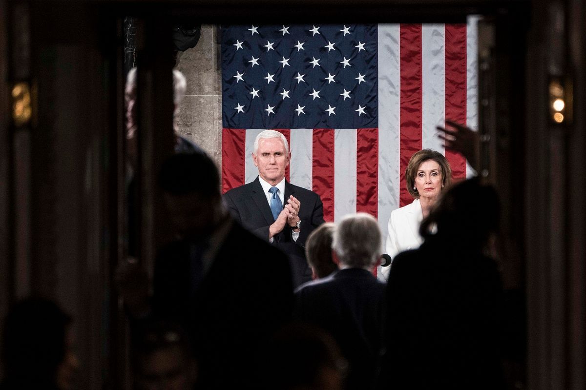 WASHINGTON, DC - FEBRUARY 04: Vice President Mike Pence and House Speaker Rep. Nancy Pelosi (D-CA) attend the State of the Union in the chamber of the U.S. House of Representatives on February 4, 2020 in Washington, DC. President Trump delivered his third State of the Union to the nation the night before the U.S. Senate is set to vote in his impeachment trial. (Photo by Sarah Silbiger/Getty Images) (Sarah Silbiger/Getty Images)