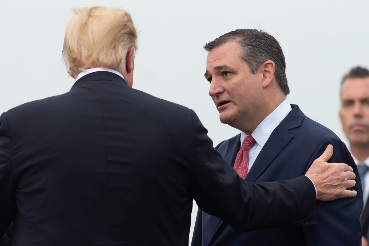US President Donald Trump greets US Senator Ted Cruz, Republican of Texas, upon arrival on Air Force One at Ellington Field Joint Reserve Base in Houston, Texas, October 22, 2018, as he travels to hold a campaign rally with Cruz. (Photo by SAUL LOEB / AFP)        (Photo credit should read SAUL LOEB/AFP via Getty Images) (SAUL LOEB/AFP via Getty Images)