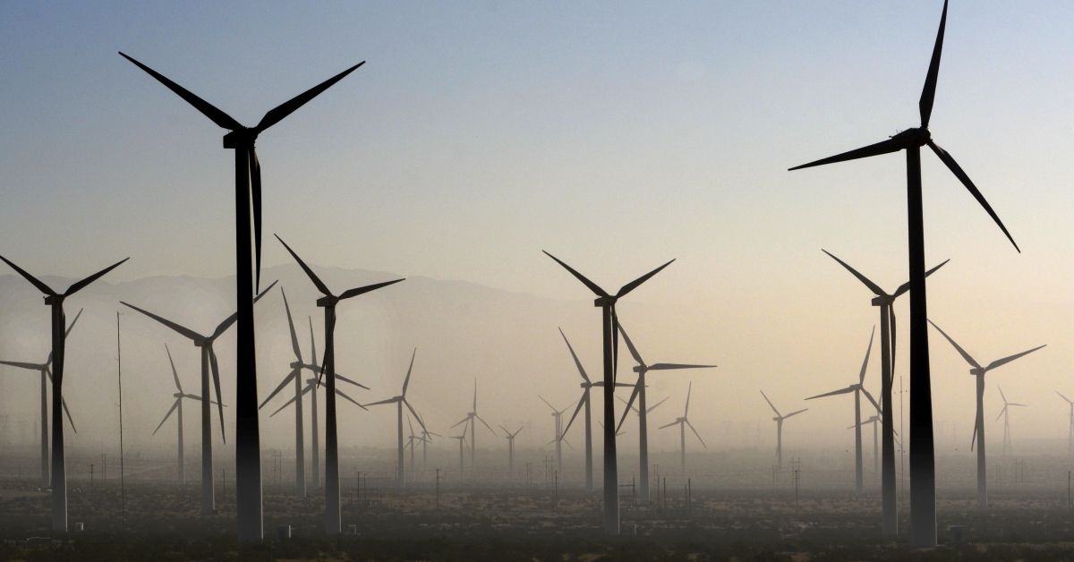PALM SPRINGS, CALIFORNIA - FEBRUARY 27, 2019: Wind turbines generate electricity at the San Gorgonio Pass Wind Farm near Palm Springs, California, as a dust storm blows through the area. Located in the windy gap between Southern California's two highest mountains, the facility is one of three major wind farms in California. (Photo by Robert Alexander/Getty Images) (Robert Alexander/Getty Images)